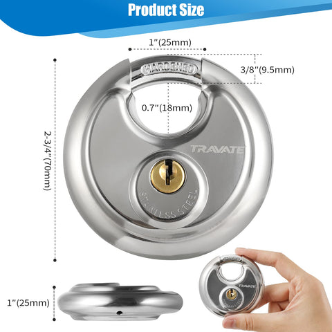 Travate discus padlock shackle detail highlighting hardened steel for tamper resistance.