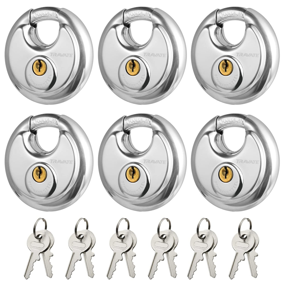 Travate keyed-alike disc padlock body view for secure storage units and sheds.