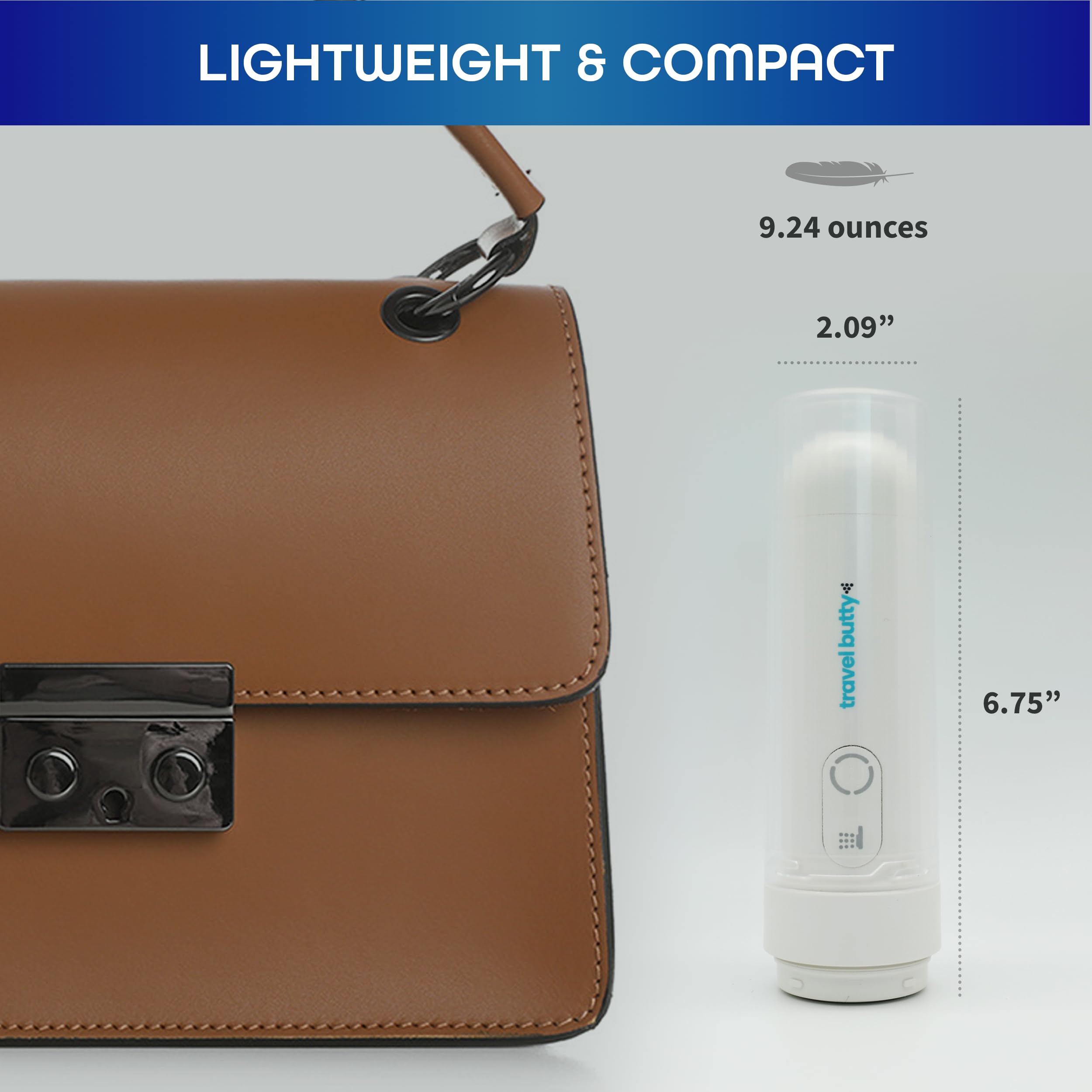 Travel Butty portable bidet in a purse or bag for on-the-go care.