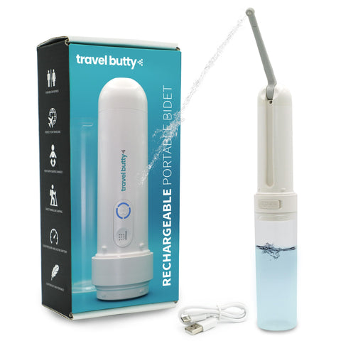 Travel Butty portable bidet being filled for convenient on-the-go hygiene.