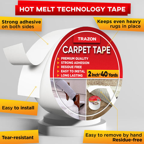 Trazon carpet tape being cut and applied for easy rug fixation.