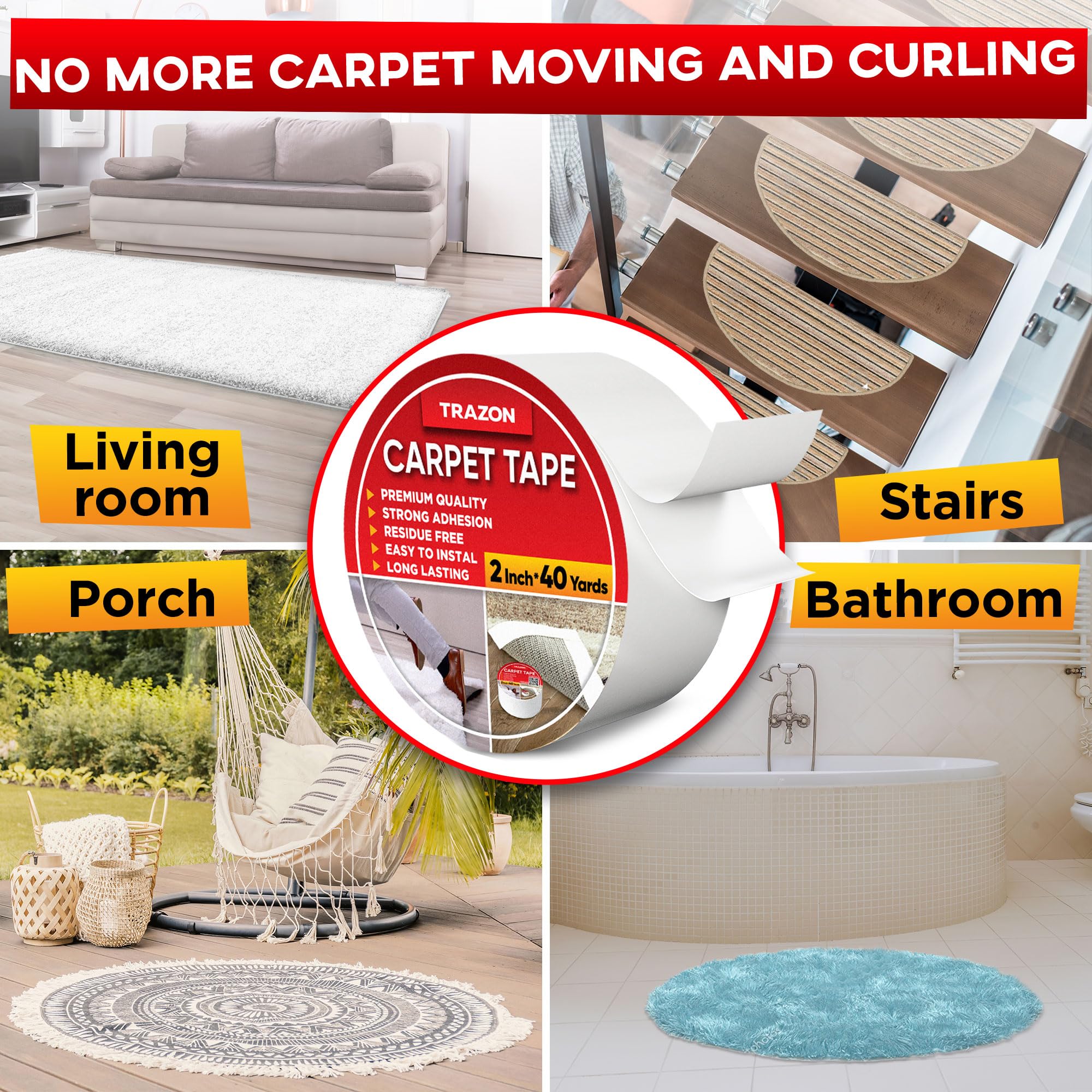 Trazon tape adheres firmly to hardwood floors for stability.