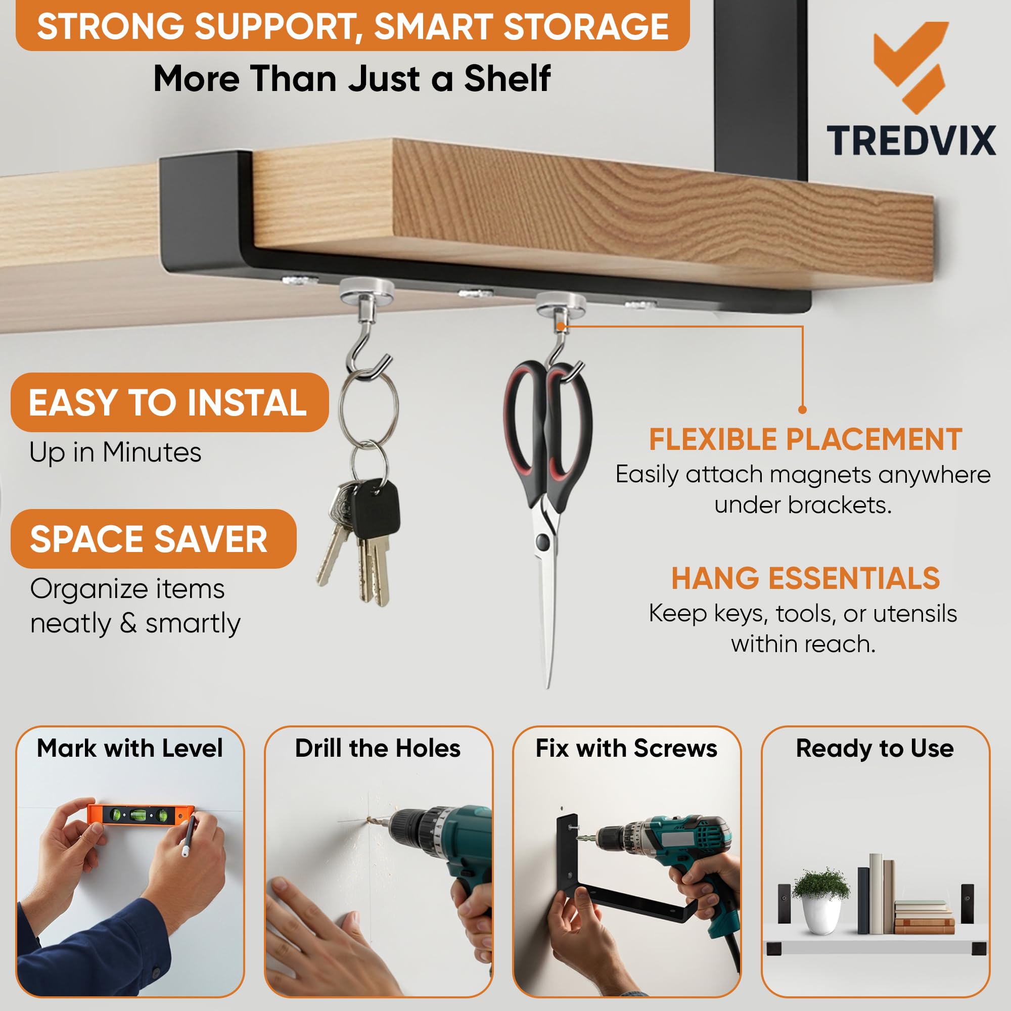 Matte black finish brackets add a modern look to any shelf setup