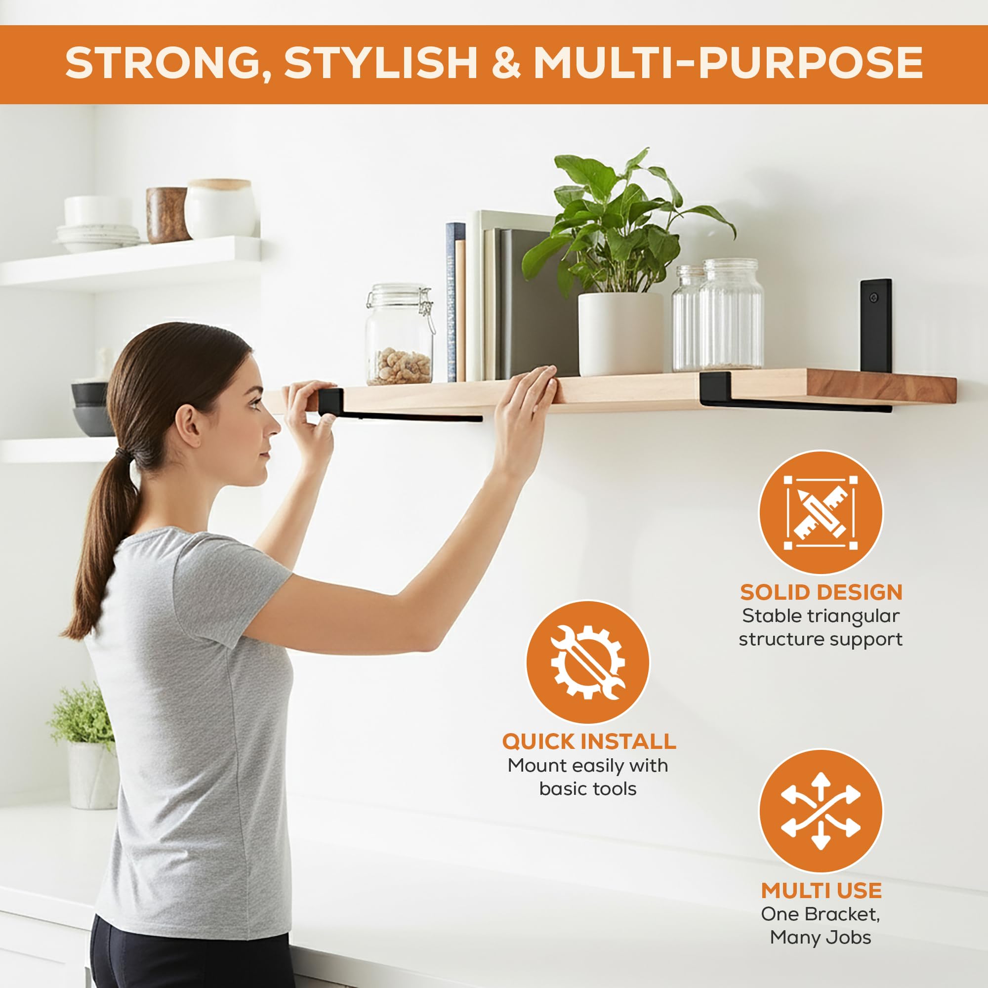 Heavy-duty black steel brackets 0.2 inch thick four-pack for sturdy shelves