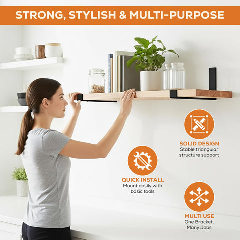 Heavy-duty black steel brackets 0.2 inch thick four-pack for sturdy shelves