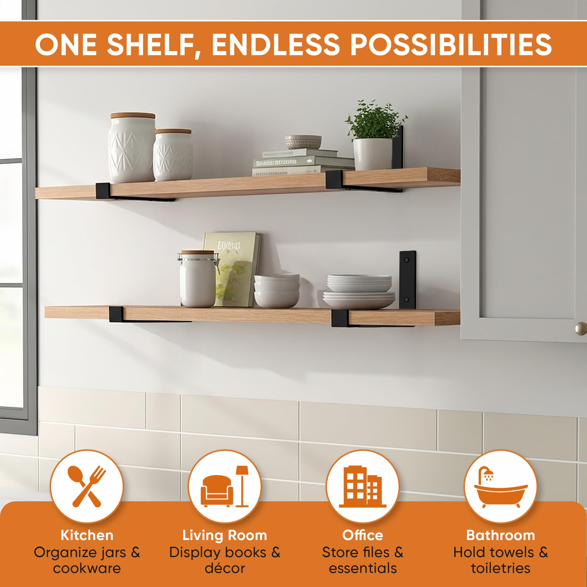 Bracket includes level tool and magnetic hooks for quick alignment and extra storage