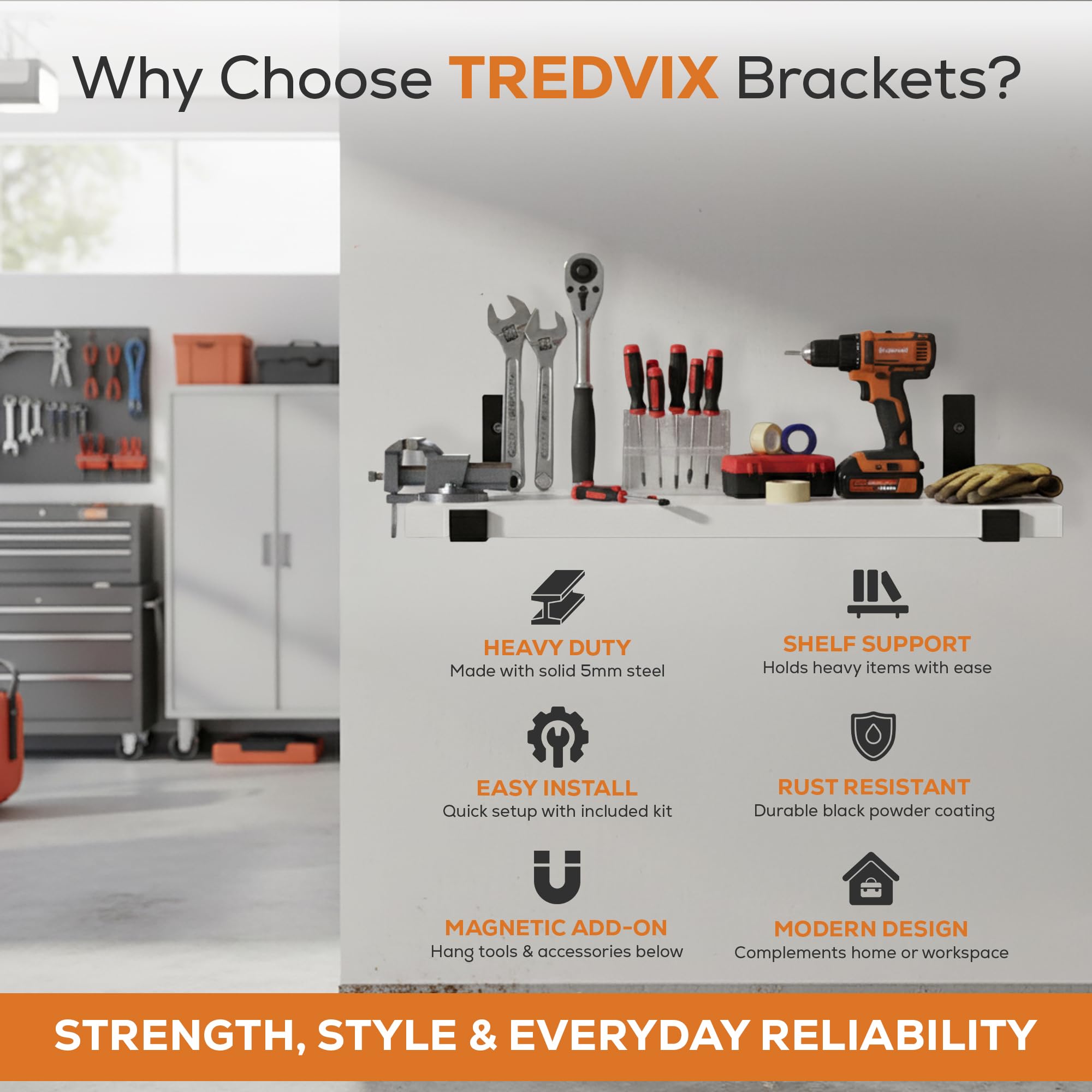 Open shelf setup in home office supported by TREDVIX brackets
