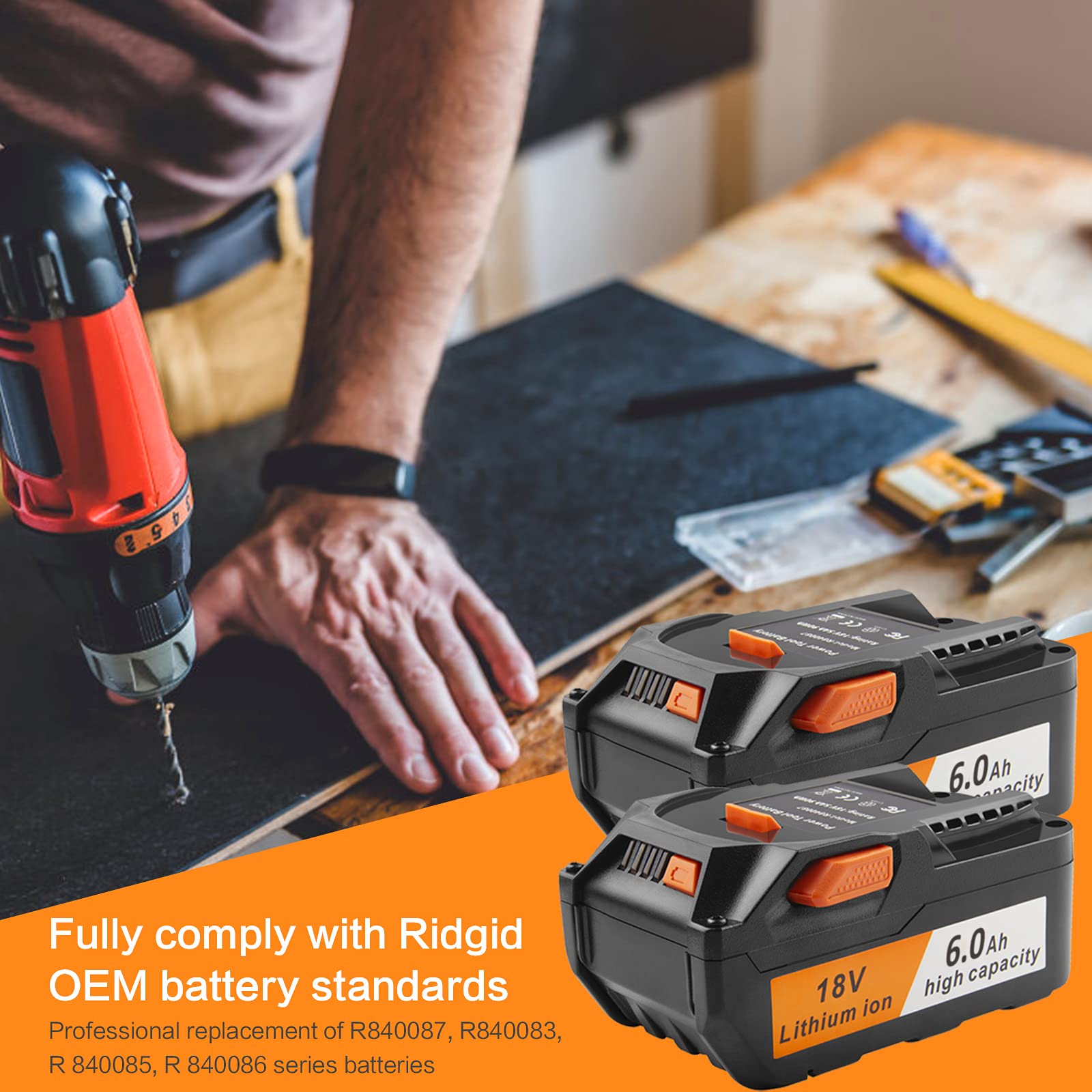 TREE.NB 18V battery certifications closeup, CE/FCC/ROHS verified safety.