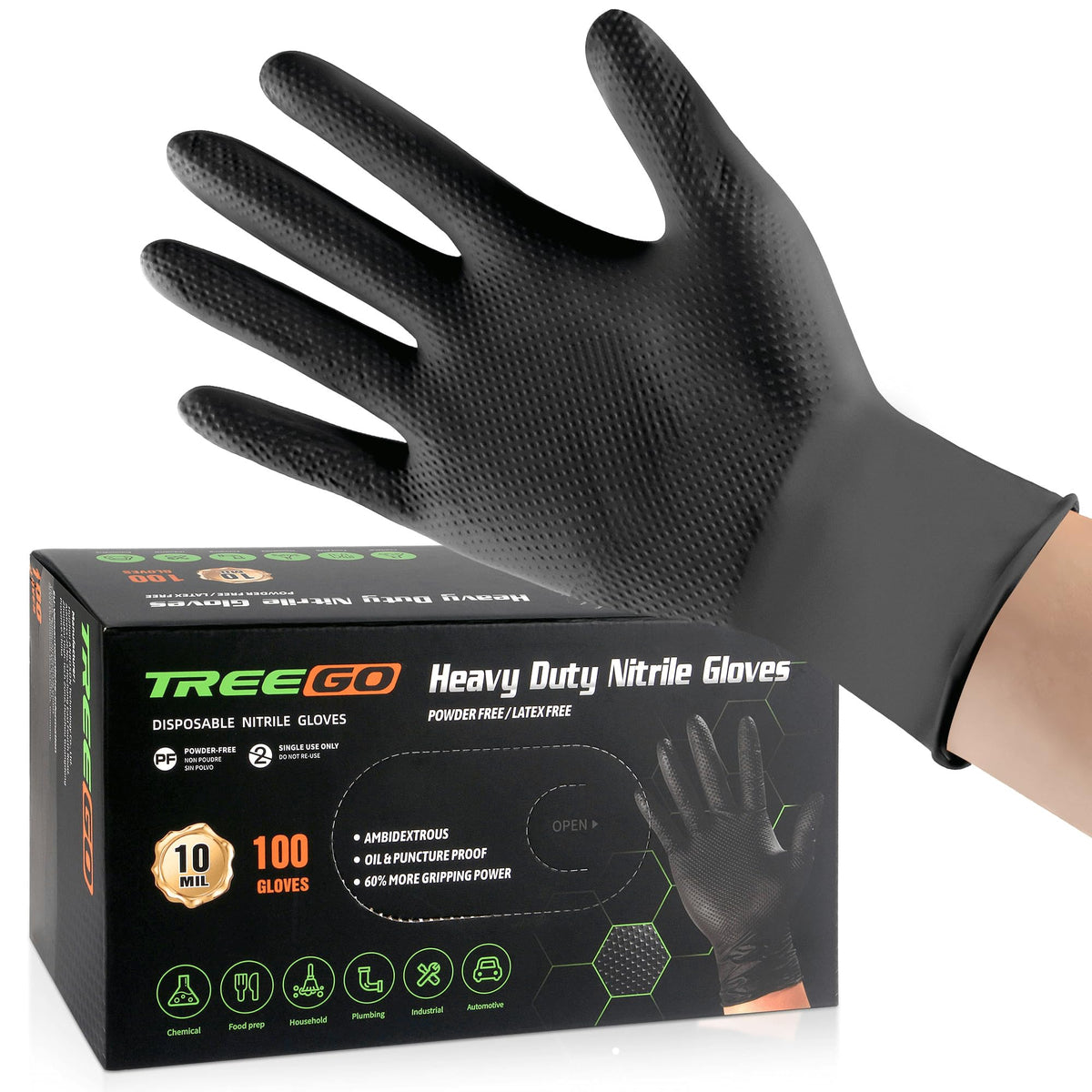 TREEGO 10Mil Black Nitrile Gloves with diamond grip for enhanced handling in oil and dust