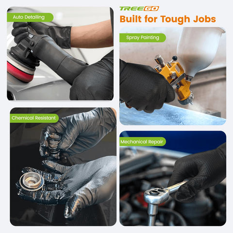 TREEGO nitrile gloves designed for grease, oil, and chemical exposure