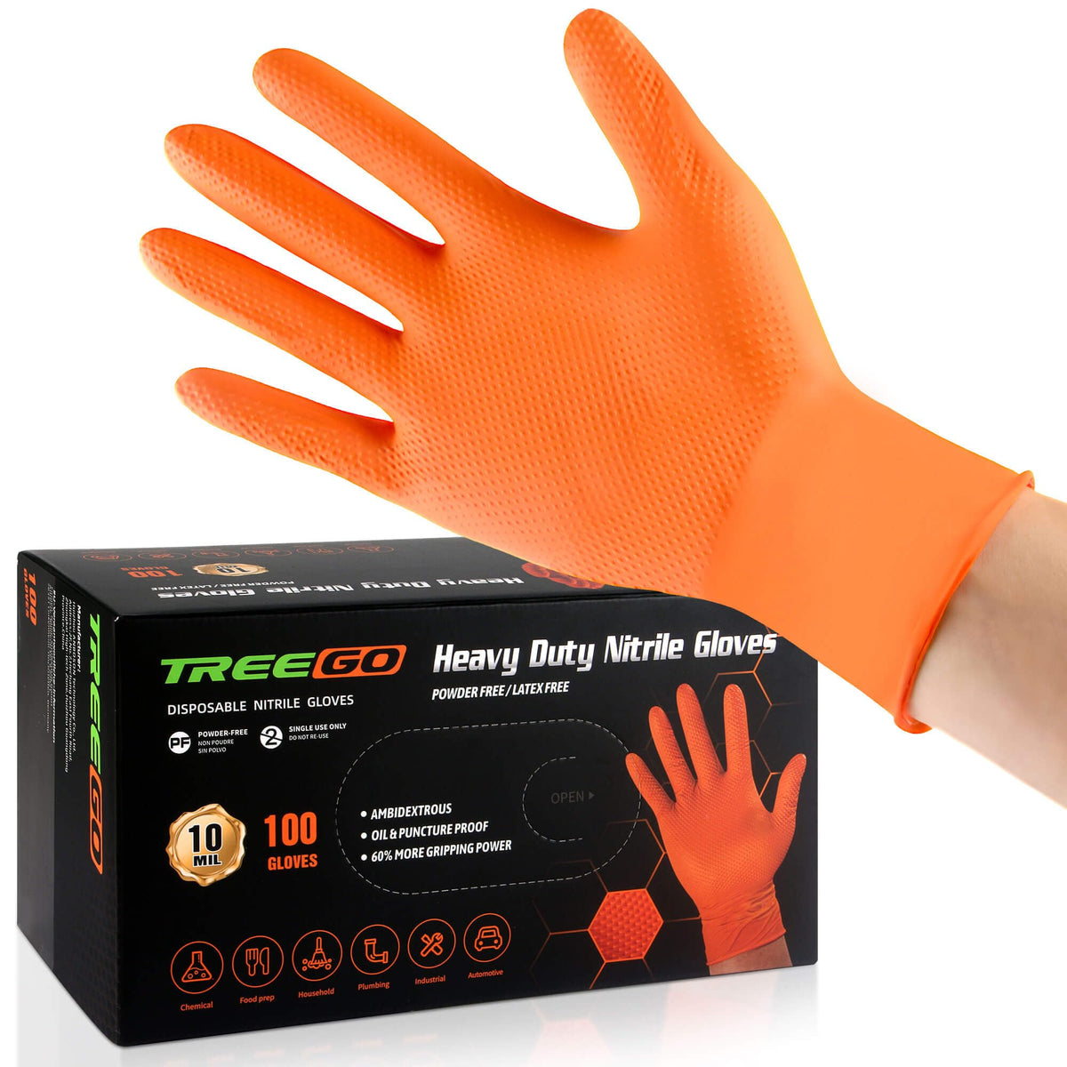 TREEGO orange nitrile gloves with diamond grip for heavy-duty mechanic tasks