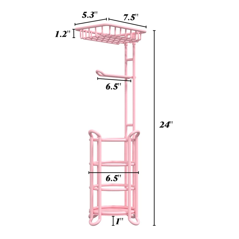 TreeLen pink toilet paper holder stand in bathroom corner demonstrates space saving design.