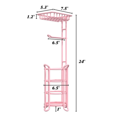 TreeLen pink toilet paper holder stand in bathroom corner demonstrates space saving design.