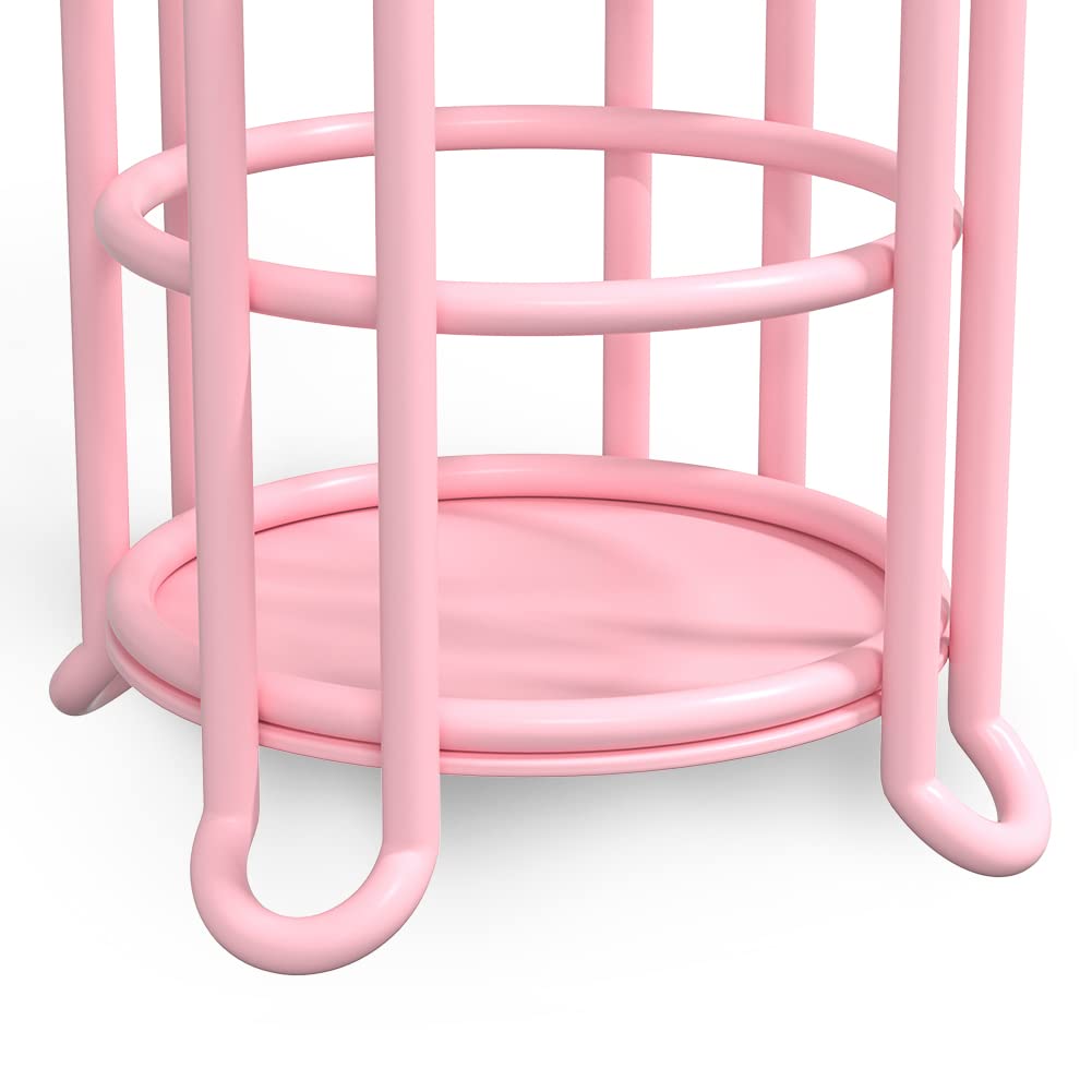 TreeLen pink toilet paper holder stand with shelf area for phone and wipes nearby.