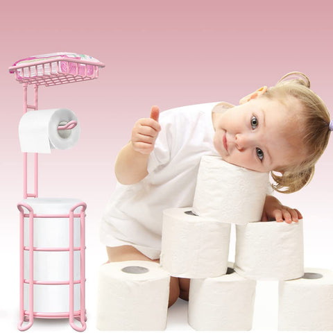 TreeLen pink toilet paper holder stand side view highlights top shelf for phone or wipes.