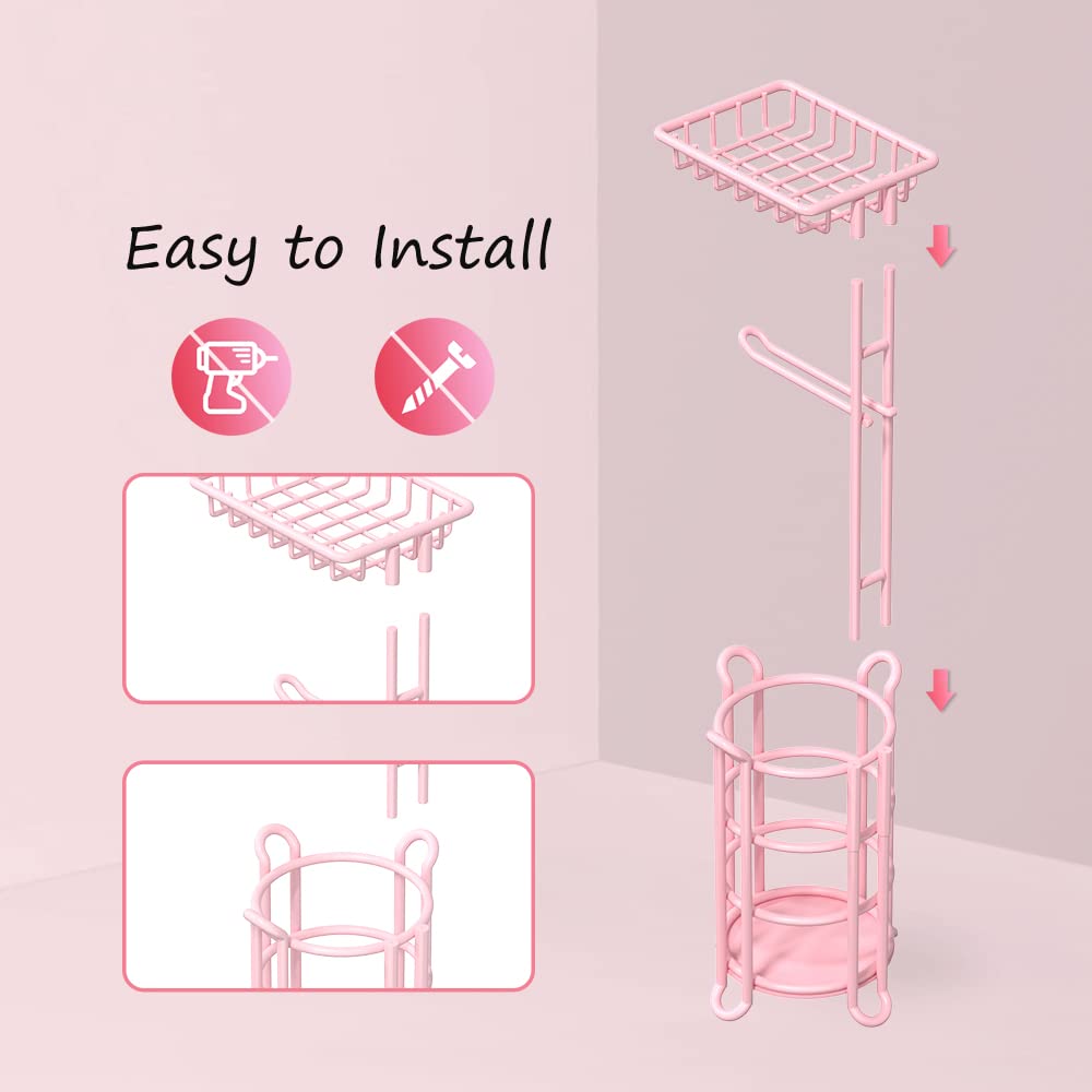 TreeLen pink toilet paper holder stand top-down view displays extra storage and spacing.