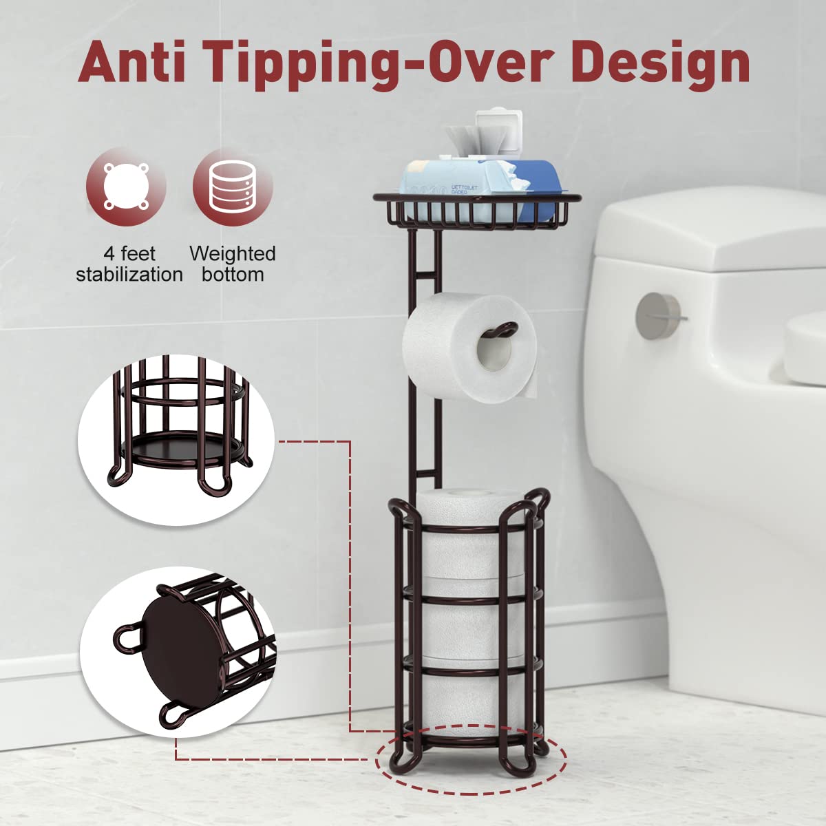 TreeLen toilet paper dispenser with top shelf keeps phone and wipes within reach.