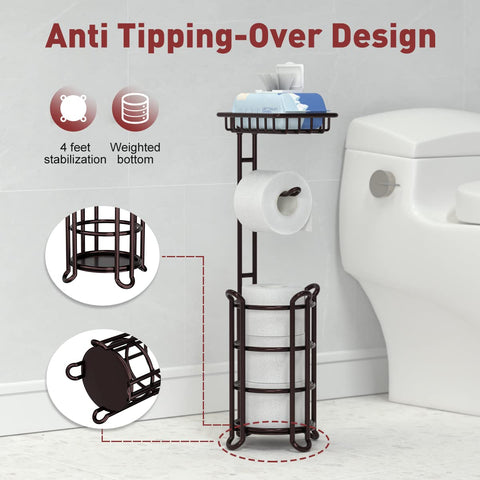 TreeLen toilet paper dispenser with top shelf keeps phone and wipes within reach.