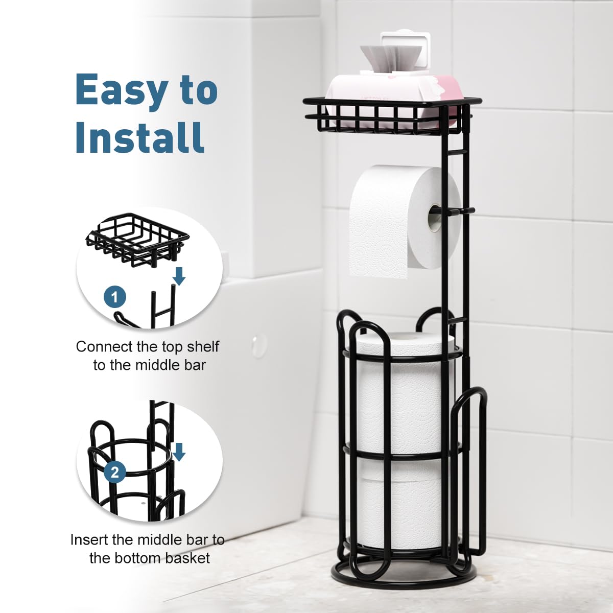 TreeLen Upgrade Toilet Paper Holder Stand includes device holder for phone.