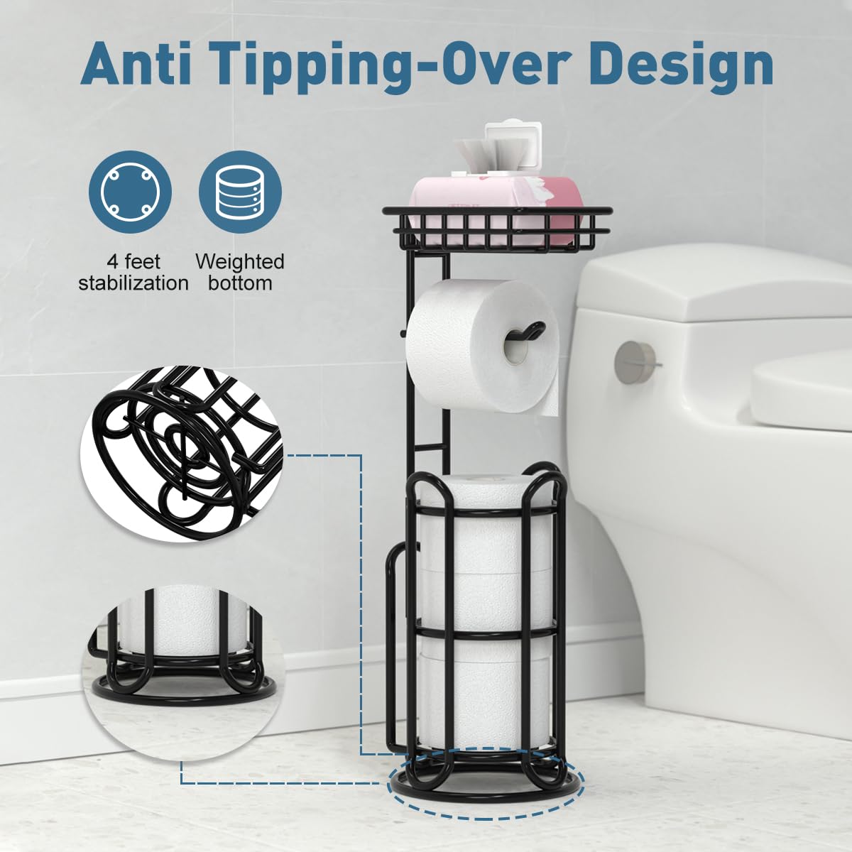TreeLen Upgrade Toilet Paper Holder Stand freestanding design for flexible placement.