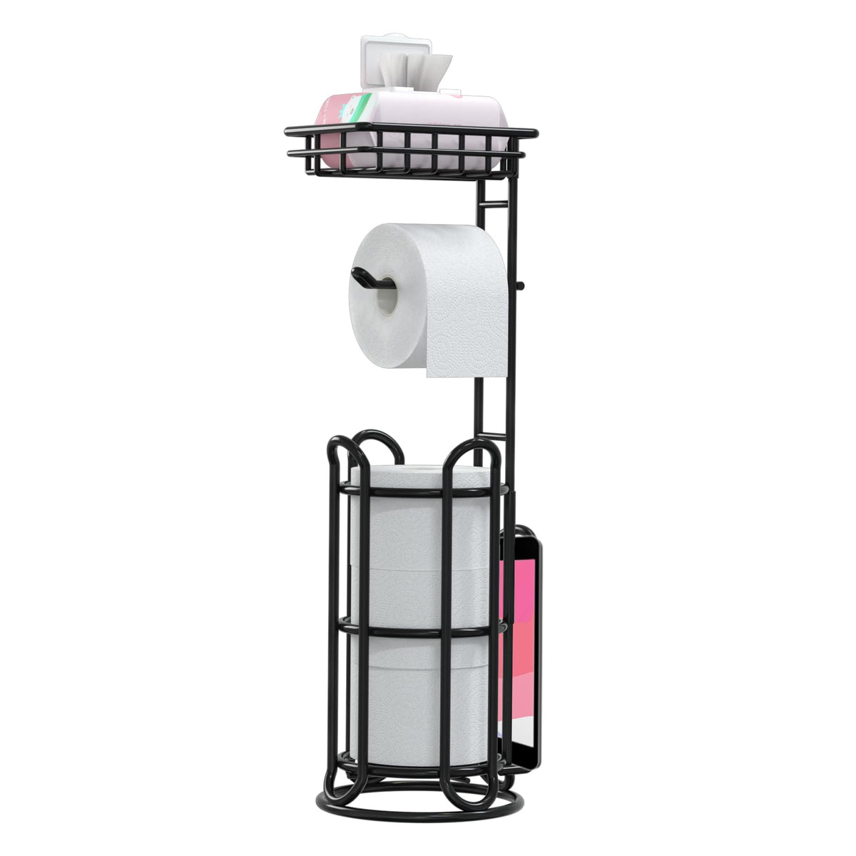 TreeLen Upgrade Toilet Paper Holder Stand with Shelf organizes bathroom storage.