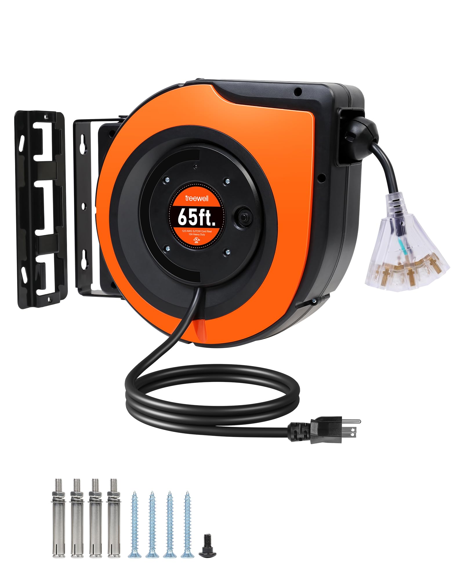 TREEWELL 65ft retractable cord reel with rugged housing for garages.