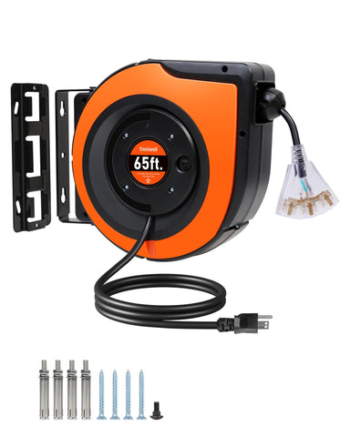 TREEWELL 65ft retractable cord reel with rugged housing for garages.