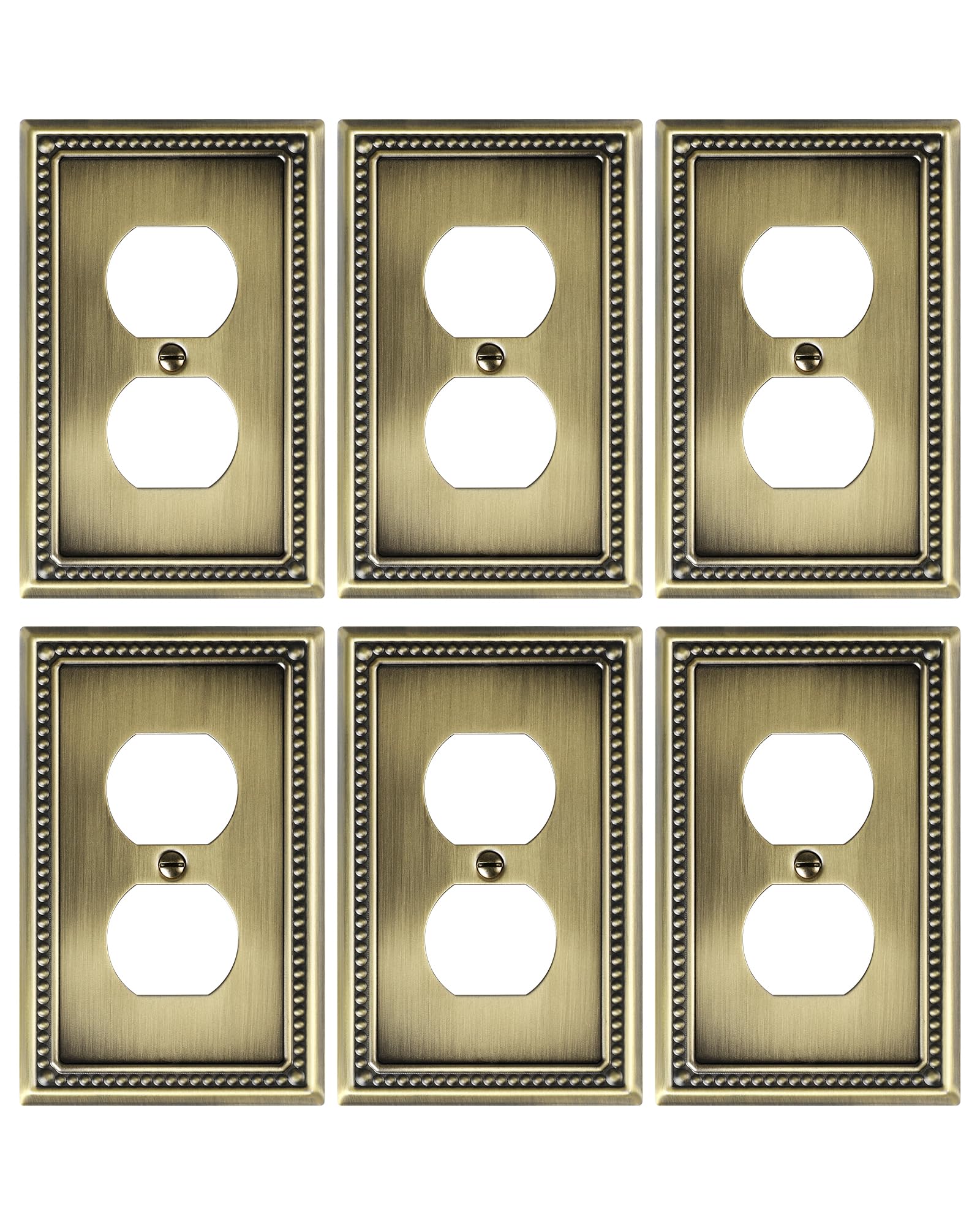 TREEWELL antique brass duplex outlet cover plate; durable metal with six-pack convenience.