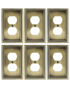 TREEWELL antique brass duplex outlet cover plate; durable metal with six-pack convenience.