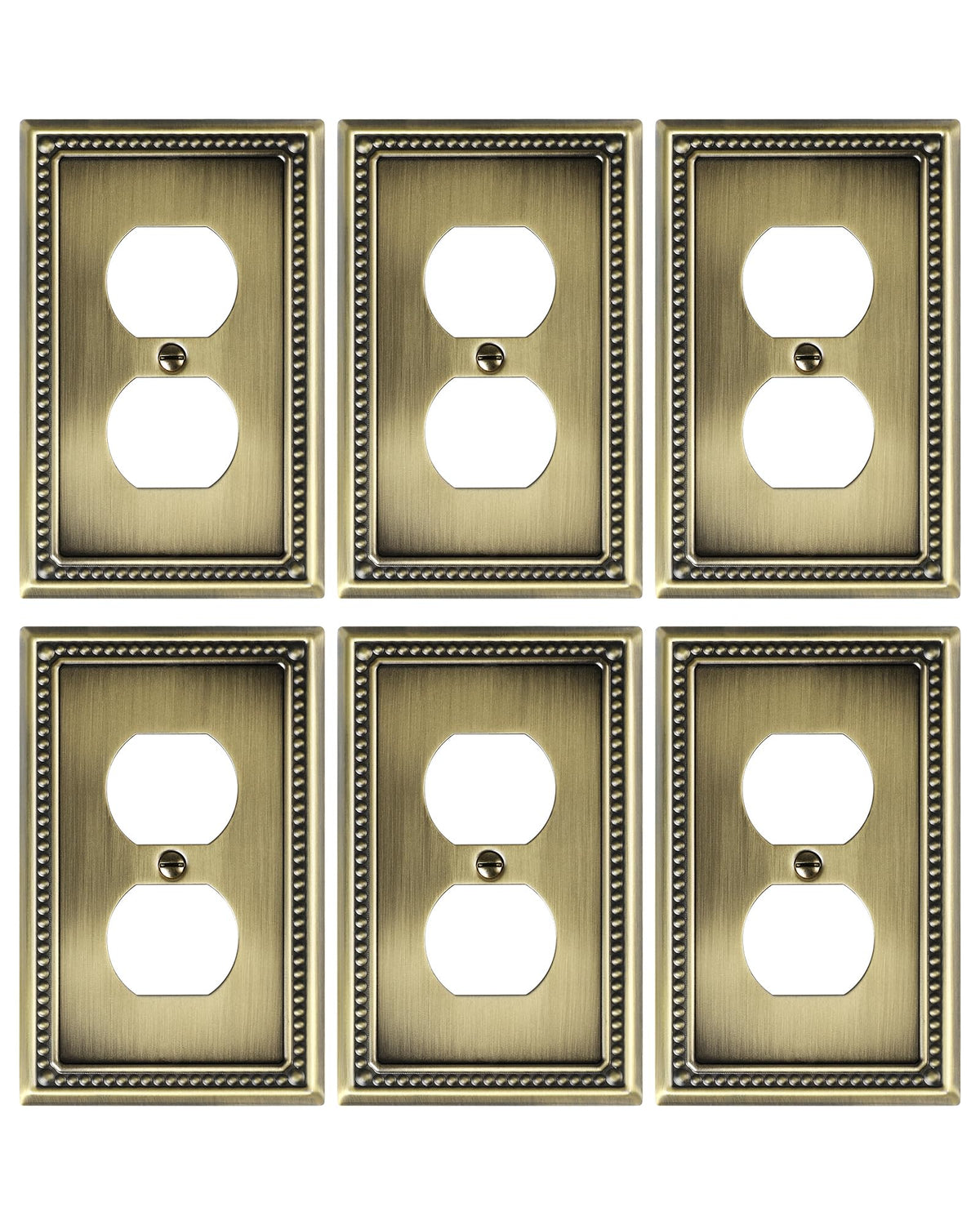 TREEWELL antique brass duplex outlet cover plate; durable metal with six-pack convenience.