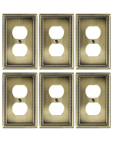 TREEWELL antique brass duplex outlet cover plate; durable metal with six-pack convenience.