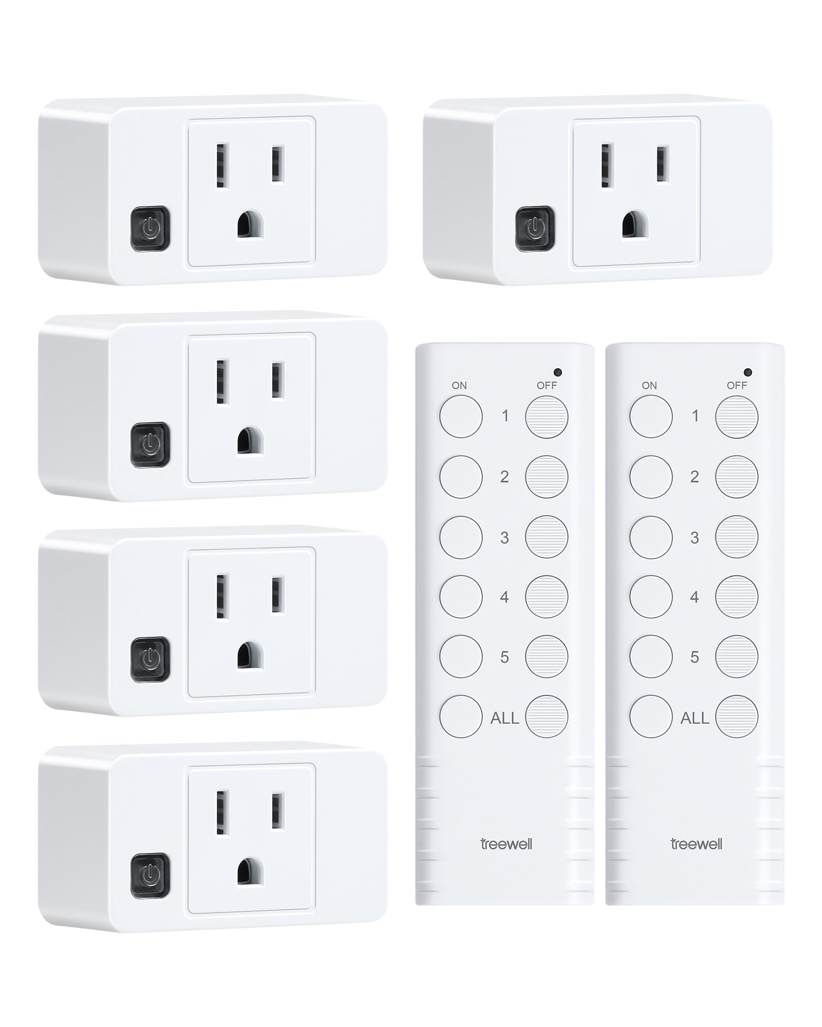 Treewell wireless remote outlet front view with five outlets for easy control
