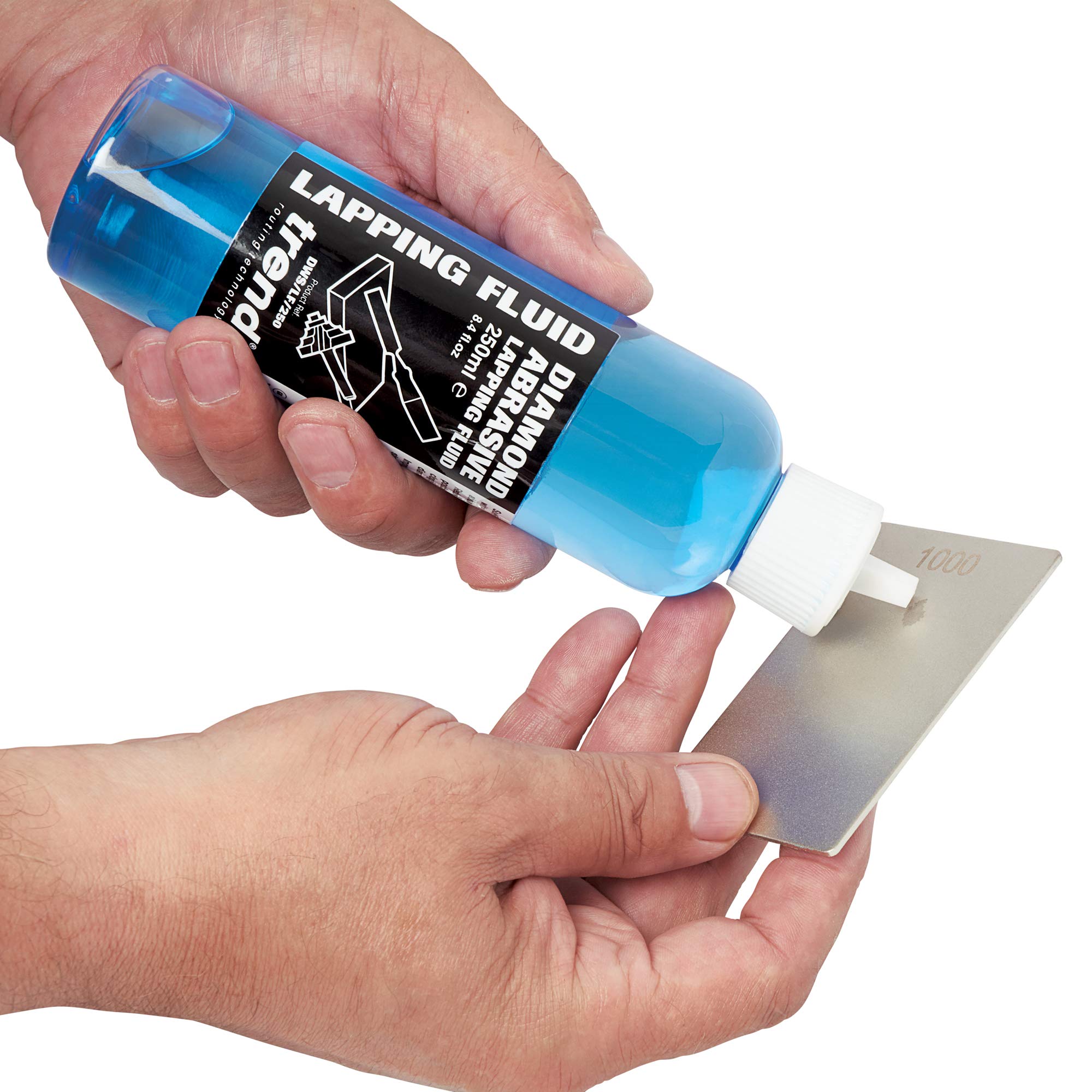 Trend lapping fluid label close-up highlighting professional-grade lubricant for abrasives.
