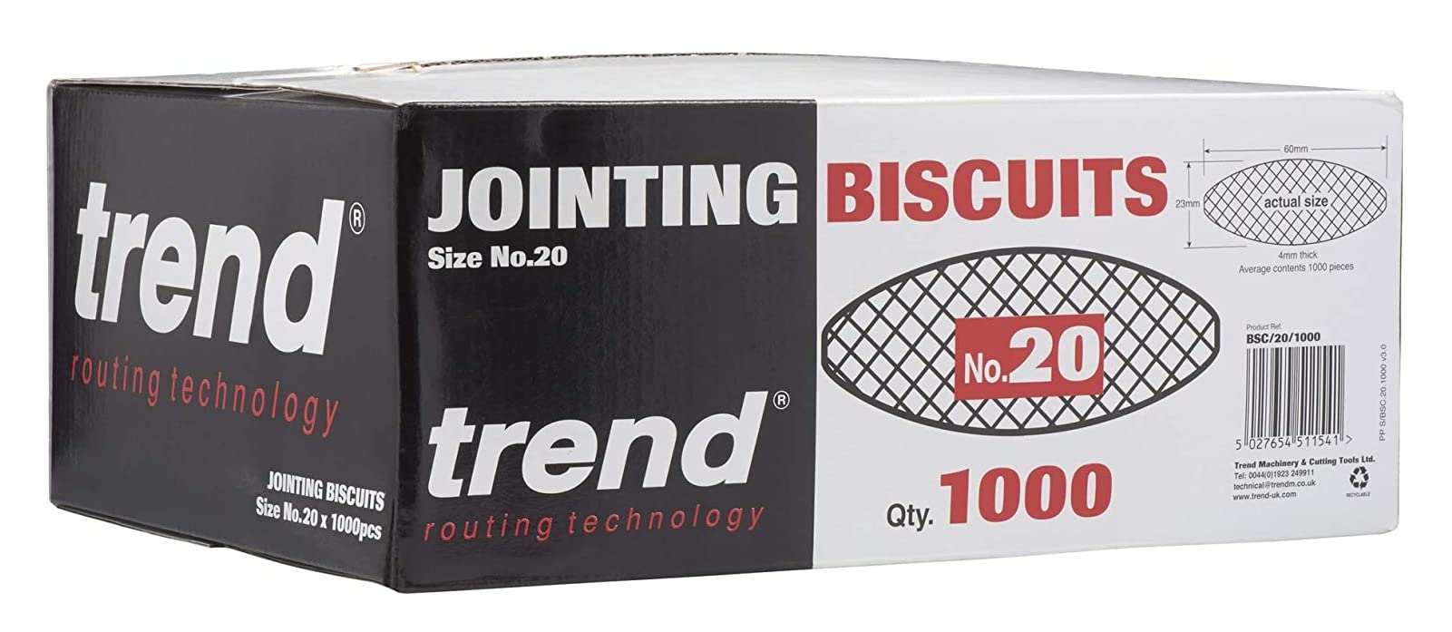 TREND No.20 biscuits shown in edge jointing setup for reliable alignment.