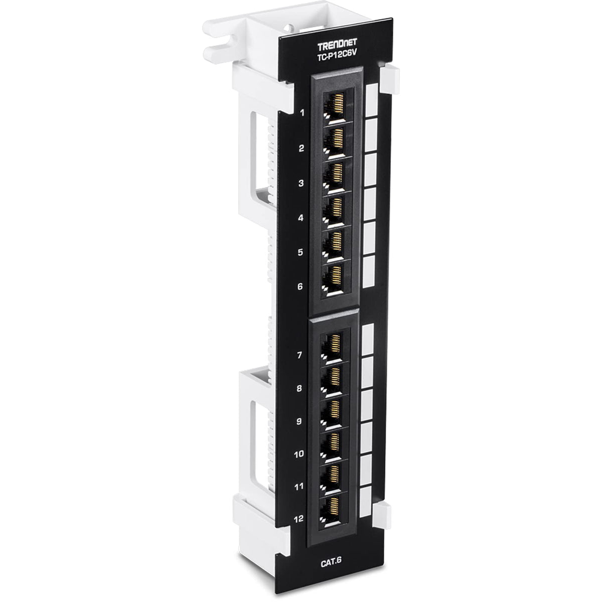 TRENDnet TC-P12C6V patch panel front view with labeled ports for organized wiring.