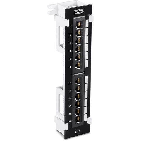TRENDnet TC-P12C6V patch panel front view with labeled ports for organized wiring.