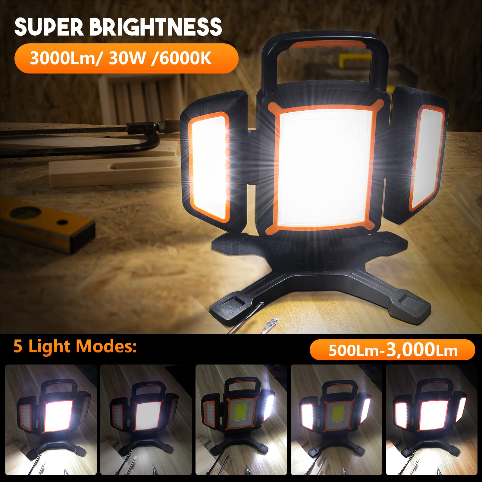 Tresda work light offers omnidirectional lighting with full rotation.