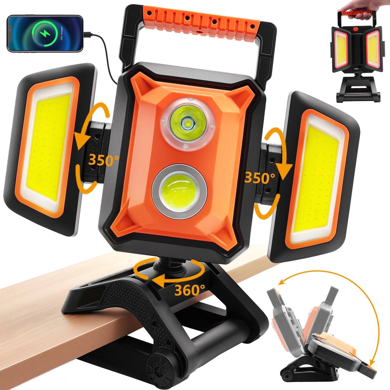 Tresda 4000lm LED work light with magnet clamp for hands-free use on metal surfaces.