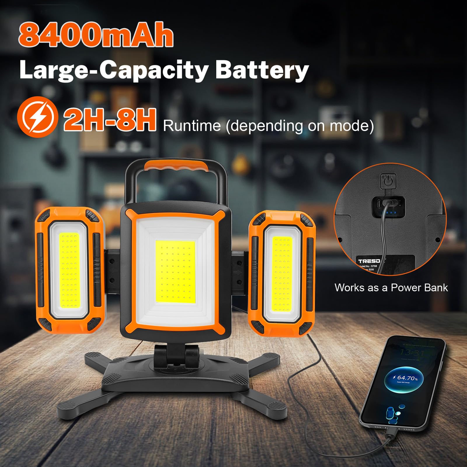 Tresda 8400mAh battery offers long runtime with charging capability.