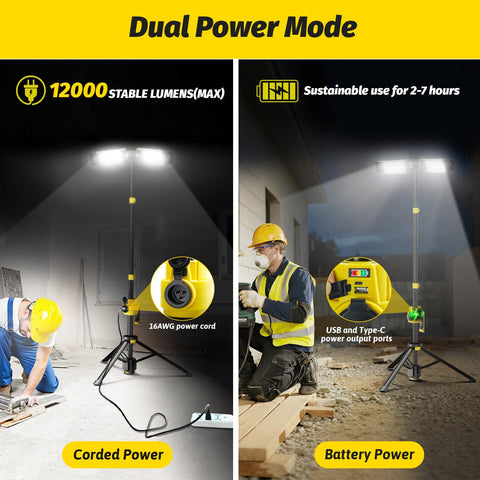 Tresda dual-head LED work light in battery mode for portable job sites