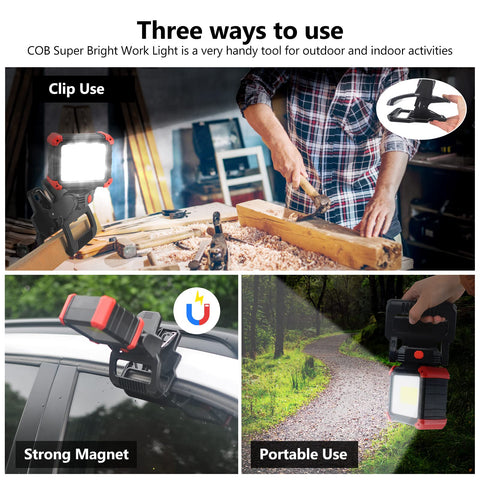 Tresda work light with magnetic base clamped to metal surfaces for quick positioning