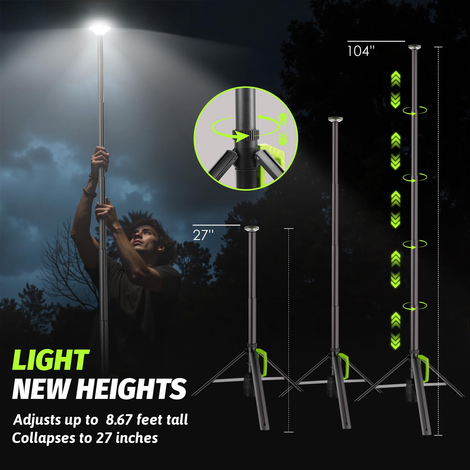 Tresda telescopic light height range enables flexible setup from 27 to 104 inches
