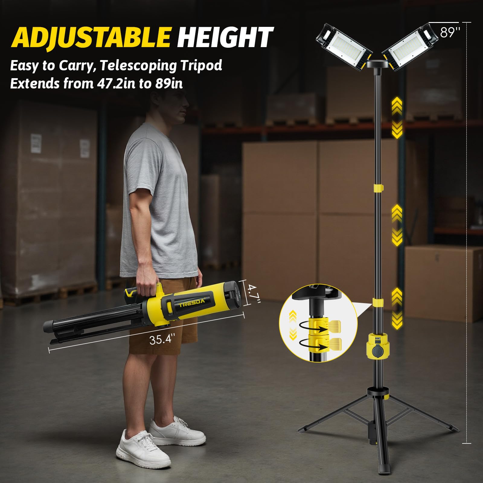 Tresda work light stand with USB-C and USB ports for power and charging