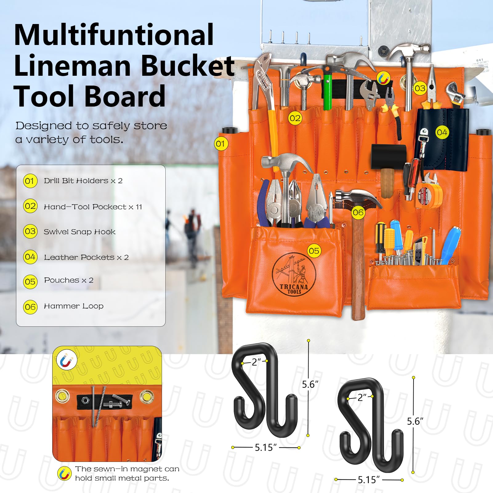 Tricana Lineman Tool Board shows two 2in bucket hooks for secure hanging