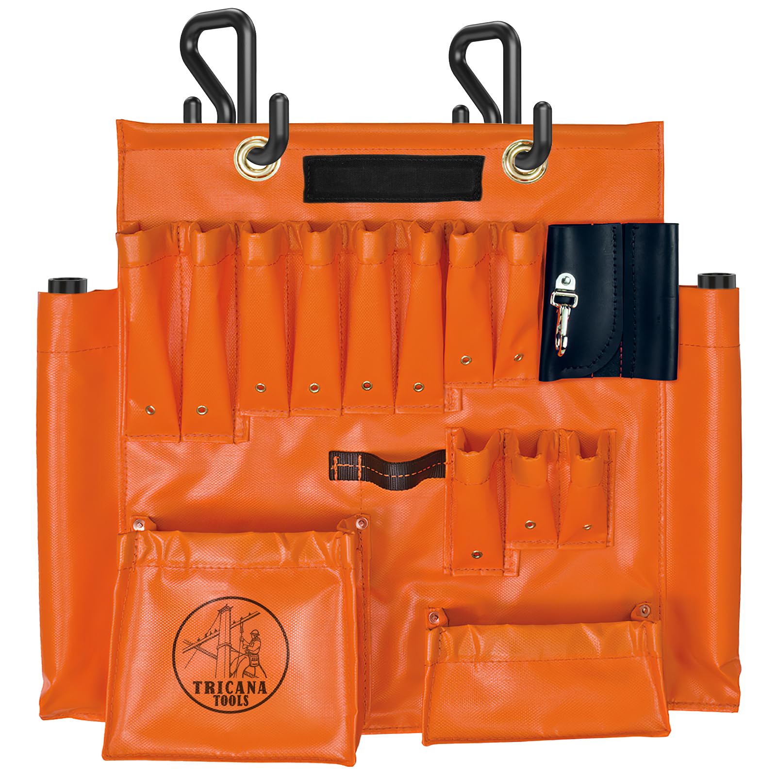 Tricana Lineman Tool Board aerial apron enabling organized gear access on a bucket