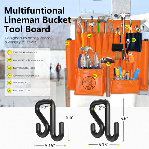 Tricana lineman tool board showing extended hooks for secure tool hangers.