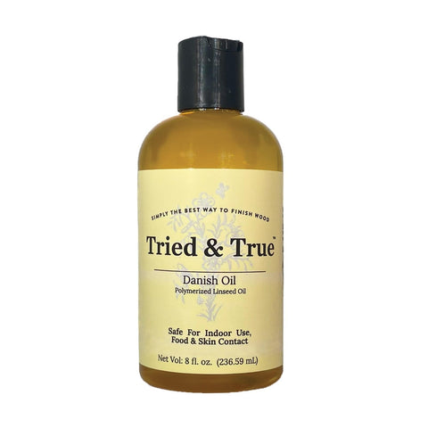 Tried & True Danish Oil 8oz bottle for quick, even wood finishing.
