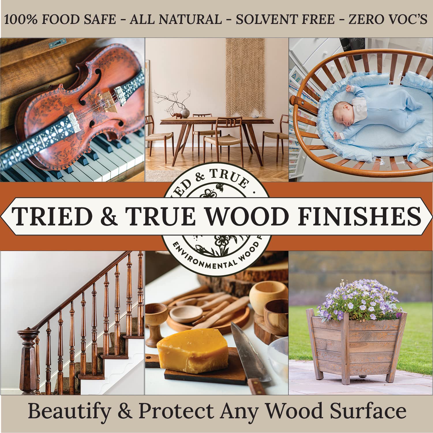 Application process of Tried & True Original Wood Finish showing wipe-on method and durable protection.