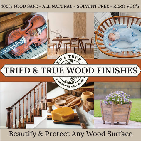 Application process of Tried & True Original Wood Finish showing wipe-on method and durable protection.