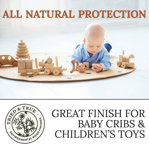 Tried & True Original Wood Finish label detail shows protective, food-safe coating for wood.